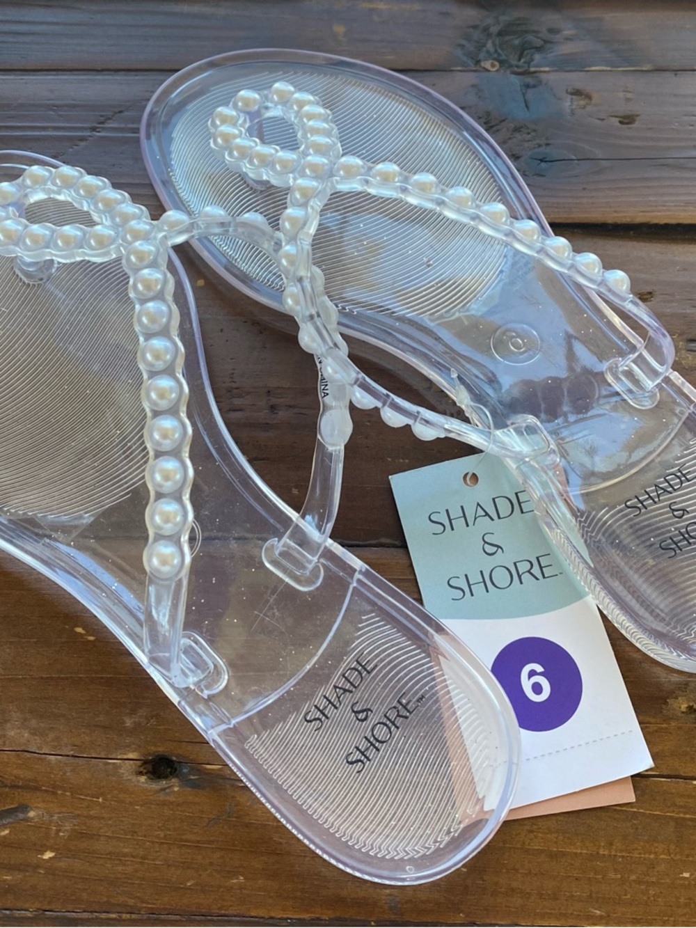 Shade & Shore Clear Pearl-Accent Jelly Flip Flops NWT - Picture 3 of 4